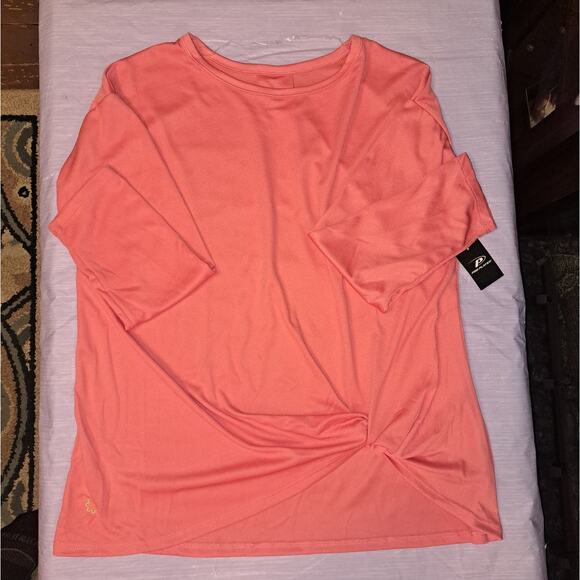Ladies Large Long Sleeve Orange Peach Athletic Shirt with Knot Waist Detail - Picture 3 of 7
